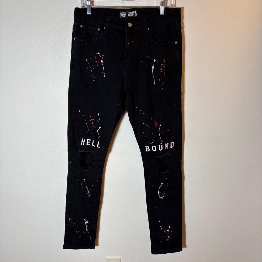 Broken Promises Co. Hell Bound Black Paint Splatter Ripped Skinny Jeans Size 30‎